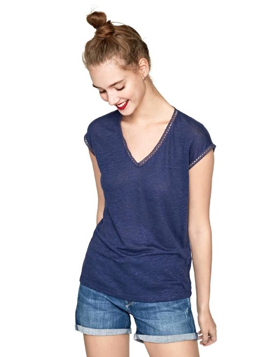 Dámské lněné modré triko Pepe Jeans CLEMENTINE