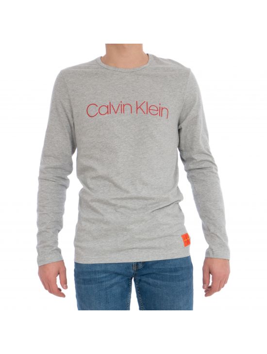 Pánské šedé pohodlné triko CREW NECK Calvin Klein s dlouhým rukávem
