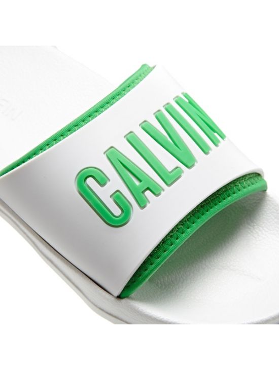 CALVIN KLEIN dámské bílé pantofle SLIDE se zeleným nápisem